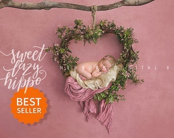 Newborn digital backdrop heart wreath of fresh flowers. Instant download digital background. Hires jpg file