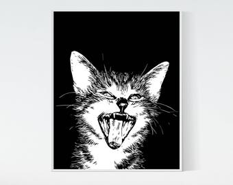Laughing kitten printable artwork, digital print, cute kitten black and white 8x10 printable, kitten print, instant download