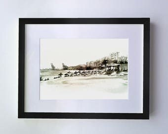 Playa de La Malagueta Malaga | picture cuadro peinture watercolour aquarelle illustration acuarele ilustracion para regalo for gift for home