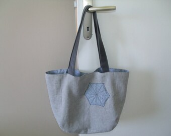 Tote bag tote bag in linen and Japanese cotton and leather handles