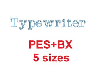Typewriter embroidery font formats bx (which converts to 17 machine formats), + pes, Sizes 0.25 (1/4), 0.50 (1/2), 1, 1.5 and 2"