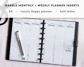 Printed 2017 2018 dated Marble, Weekly Monthly planner inserts, A5 Half Letter Classic happy, Week on two pages, Kikki K large, Filofax, ARC