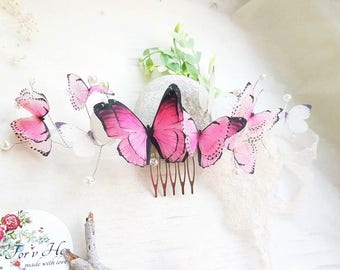 pink butterfly hair jewellry hairpiece butterfly pink hair comb butterfly hair accessory bridesmaid birthday gift girl festival hair piece
