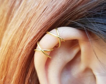 Two Criss Cross Ear Cuffs Cartilage Ear Cuff Set No Pierce Ear Cuffs Simple Ear Cuffs Fake Cartilage Earrings Fake Helix Piercing 22k Gold