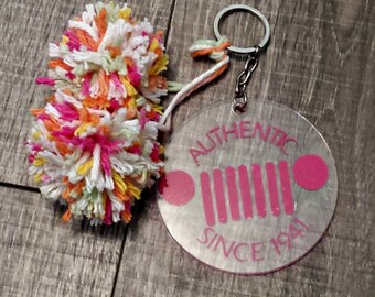 Authentic Jeep / Jeep Keychain with Pom Poms / Jeep Wrangler / Jeep Renegade / Jeep Girl / Cutesy Keychain / It's a Jeep Thing