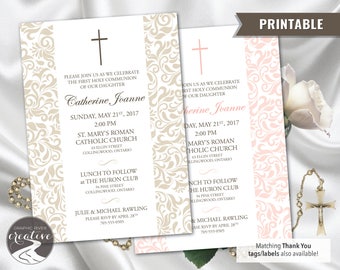 PRINTABLE Personalized Formal Damask First Communion Invitation, Floral First Holy Communion Invite, Boy Girl, Gold Pink Cross, Digital File