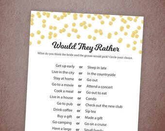 Would They Rather, Gold Confetti Bridal Shower Game Printable, Wedding Shower Game, Who knows the Bride Best, Instant Download, BSG1