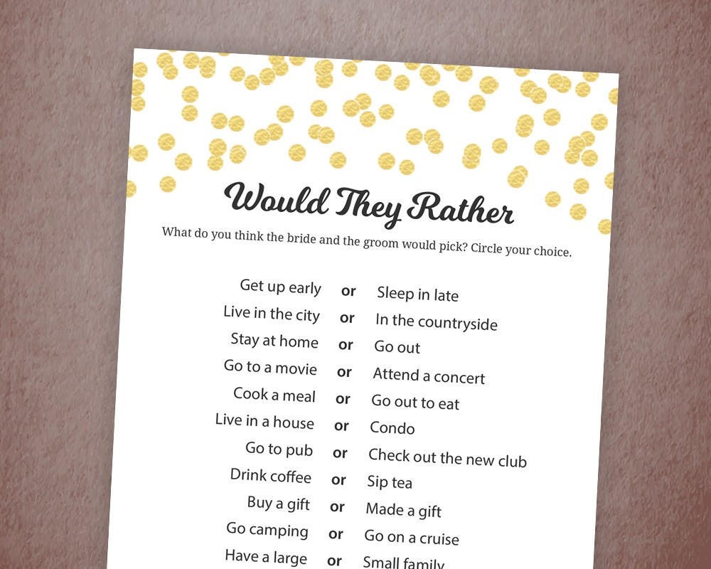 Would They Rather Gold Confetti Bridal Shower Game Printable Would They Rather Bridal Shower Template