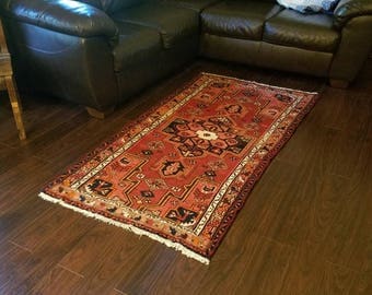 FREE SHIPPING! Red-Orange, HAMADAN, Persian Rug, Runner, Vintage Rug, 3.4 × 6.5 ft.