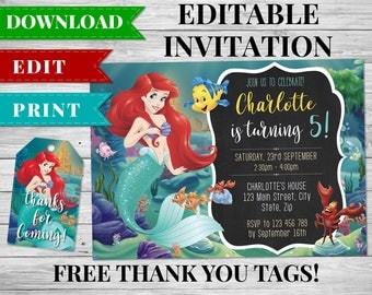 Little Mermaid Invitation, Ariel Invitation, Little Mermaid Birthday Printable, Ariel Birthday Party Favors, Little Mermaid Thank You Tags