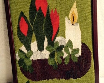 Swedish Framed Handwoven Flemish Tapestry - Candle and flowers