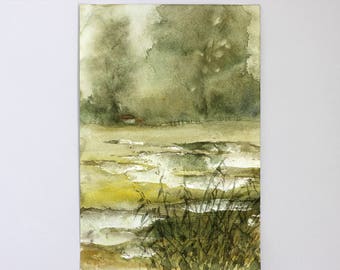 Original watercolor painting Landscape, original watercolour nature paysage, watercolor woodland decor, Landscape Painting Watercolor Art