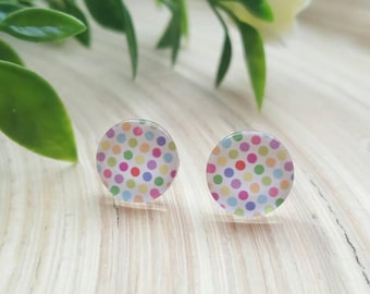 Beautiful Coloured Rainbow Polka Dot Glass Cabochon Stud Earrings