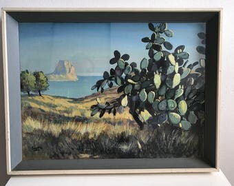 Vintage mid century style painting cactus landscape seascape ocean sea vernon ward era