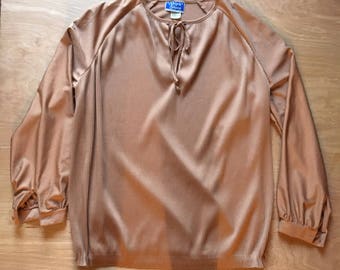 Vintage Women's Ship N Shore Gold Tan Blouse Top 70's Long Sleeve Keyhole Neckline Size 12