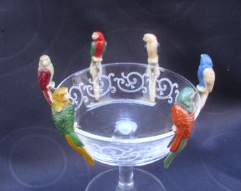 6 Unusual Small Vintage 1950's French Plastic Parrot Drinks or Glass Charms. Drink or Glass Markers