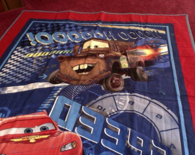 Reversible Disney's Cars Panel Quilt, Boy's Car Lap Throw, Boys Nursery Room Quilt, Boy's Blue & Red Quilted Throw - Blanket - Bedding