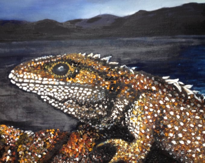 New Zealand Habitat, Oil Painting of Lizard 22X28 in, Animal Painting, New Zealand Pointillism Painting, Wildlife Painting, Reptile In Oil