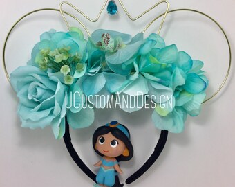 Princess Jasmine Mickey Ears, Floral Mickey Ears, Wire Floral Mickey Ears, Mickey Ears With Flowers, Flower Girl Headband