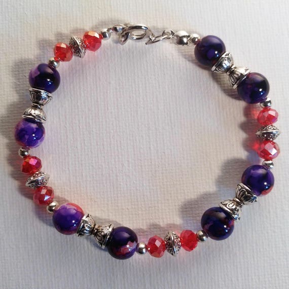 Red and Purple Bracelet with Silver Details and Silver Clasp