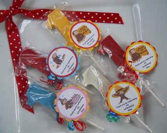 12 Curious George Monkey 1st Birthday Party Favor Gourmet Chocolate lollipops with custom tags