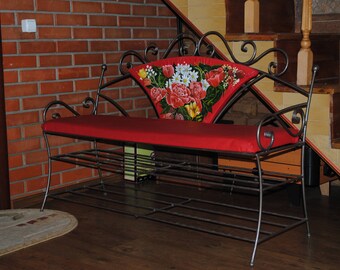 Red bench hand painted with oil