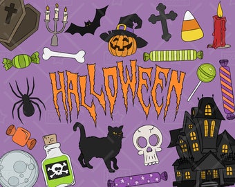 Halloween Clipart Vector Pack, Halloween Doodles, Skull Clipart, Candy Corn Clipart, Halloween Vectors, Halloween Stickers, SVG, PNG file