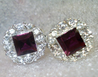 Vintage Faux Amethyst and Diamante Silver Tone Clip Earrings