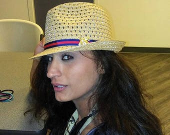 Straw Fedora Hat Bee Stripe Green Red