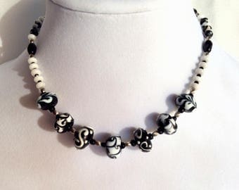 Black and White Lampwork bead Necklace and matching earrings