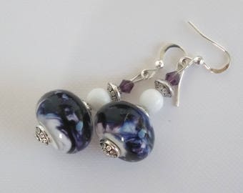 Earrings: White and purple - handmade glass Lampwork