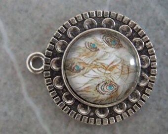 ❥ Pendant round cabochon 16mm silver Peacock feather