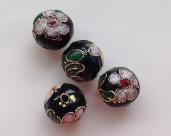lot 4 cloisonne beads 12mm black enameled metal dore /10/ flower pattern