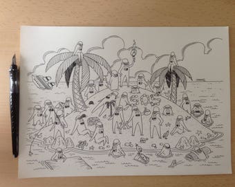 Black and white original drawing on ivory paper