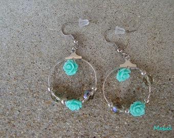 2.5 cm turquoise hoops, Bohemian crystal, resin flowers, wedding