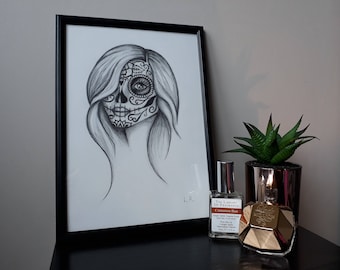Original Signed Sugar Skull Woman Pencil Drawing, A4