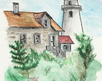 Original watercolor sketch. Lighthouse and house