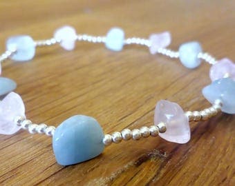 Aquamarine, rose quartz and sterling silver bracelet, semi-precious, gemstone, beaded