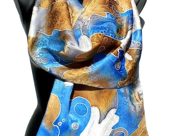Scarf - scarf - shawl handpainted - creating a crepe-satin - Limoges blue, white, Brown