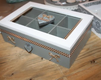 box for tea or jewelry white taupe and grey heart
