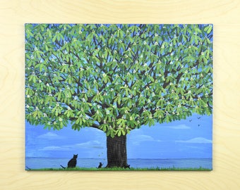 Large Chestnut Tree, Tree Skyline, Landscape Painting, Cats, Acrylic