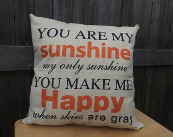 Handmade Burlap Style Throw Couch Pillow Sweet Quotes "You are my sunshine my only sunshine"