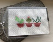 Special Edition Keychain Succulent Garden Completed Cross stitch on silver flecked fabric cute fun gift party favors