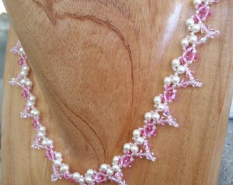 Necklace | Handmade | Beaded | Rose Pink Crystal & Pearl