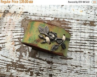 40% OFF- Floral Leather Cuff-Painted Leather Cuff