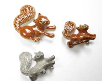 Vintage Gerry's Squirrel Pins Brooches Set of 3 Enameled Brown Grey