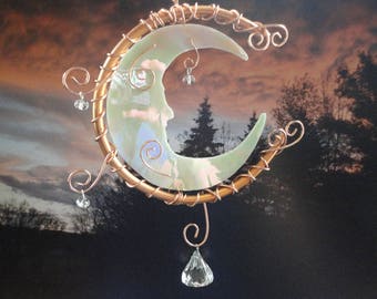 Stained Glass Moon, Garden Sculpture, Celestial, Sun Catcher, Mobile, Copper Moon,Iridescent Crescent Moon, Ornament, Moon Garden "Moon Man"