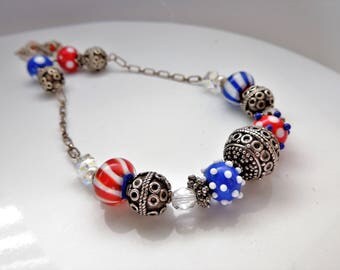 Red, White and Blue Artisan Lampwork and Sterling Necklace