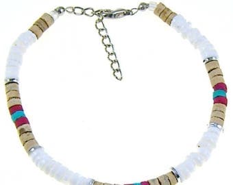 SALE Anklet or Bracelet 4-5mm White Puka Shells Natural Red and Green Coconut Beads Hawaiian Surfer SUP Adjustable Length 5286 6353