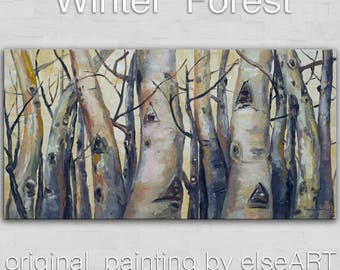 Sale Original art Abstract Painting large Oil Painting, aspen tree art winter Landscape Painting by tim lam 48x24x1.4